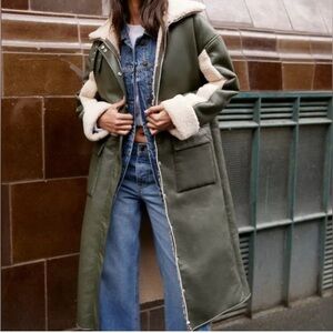 Nasty Gal Olive Utility Winter Coat with Shearling Lining - Size 8-10